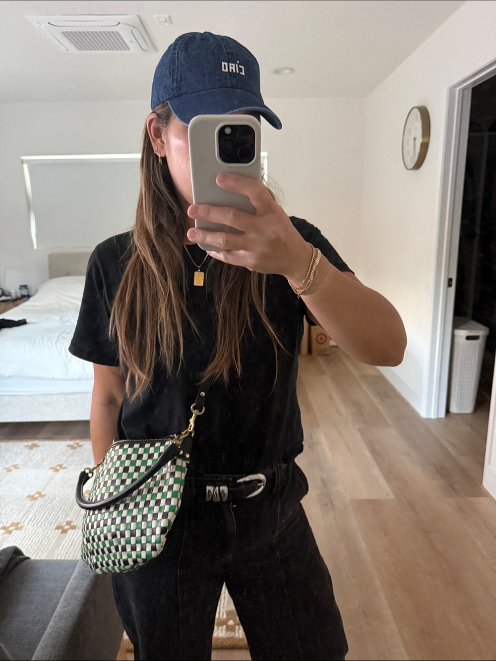 Clare V Green and Black Checker Crossbody with Cream Accents